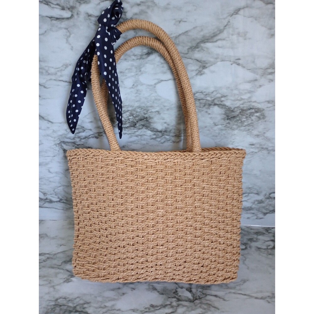 Straw Wicker Style Tote Handbag Shoulder Bag Zipper Top Clean Interior